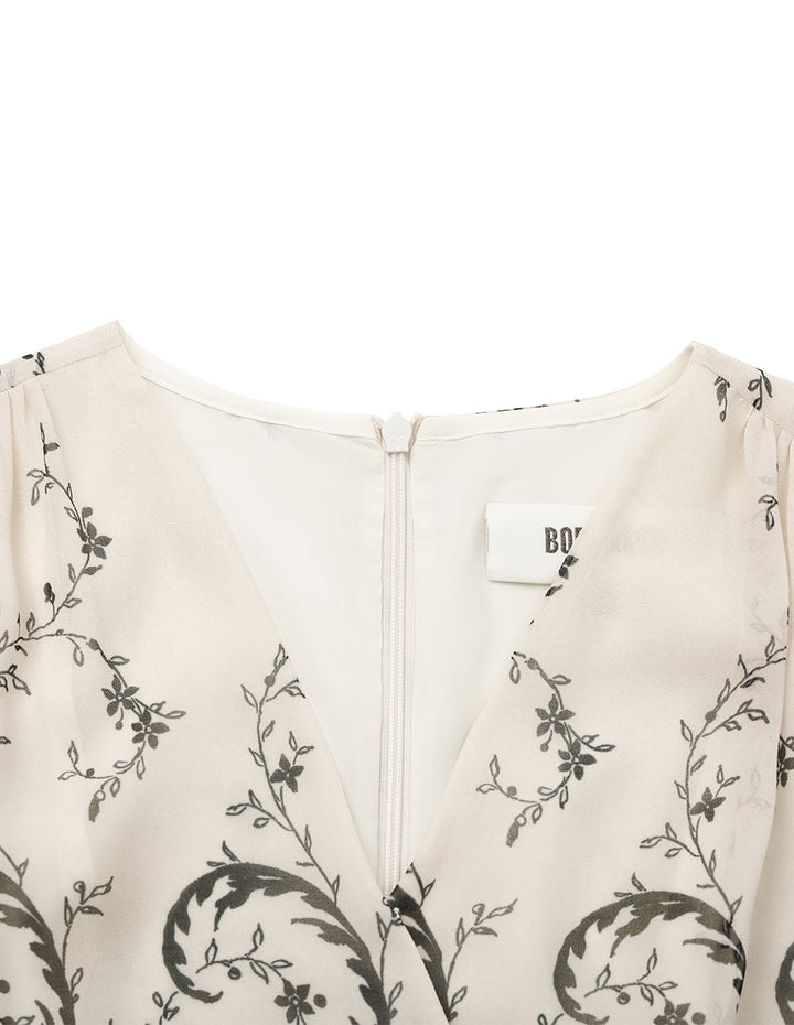 BORA AKSU V-Neck Puff Sleeve Short Sleeve Curly Grass Print Wrap Midi Dress