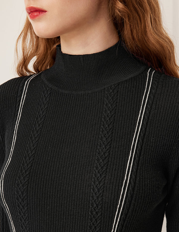BORA AKSU Semi-High Neck Stripe Detail 100% Wool Knit Sweater
