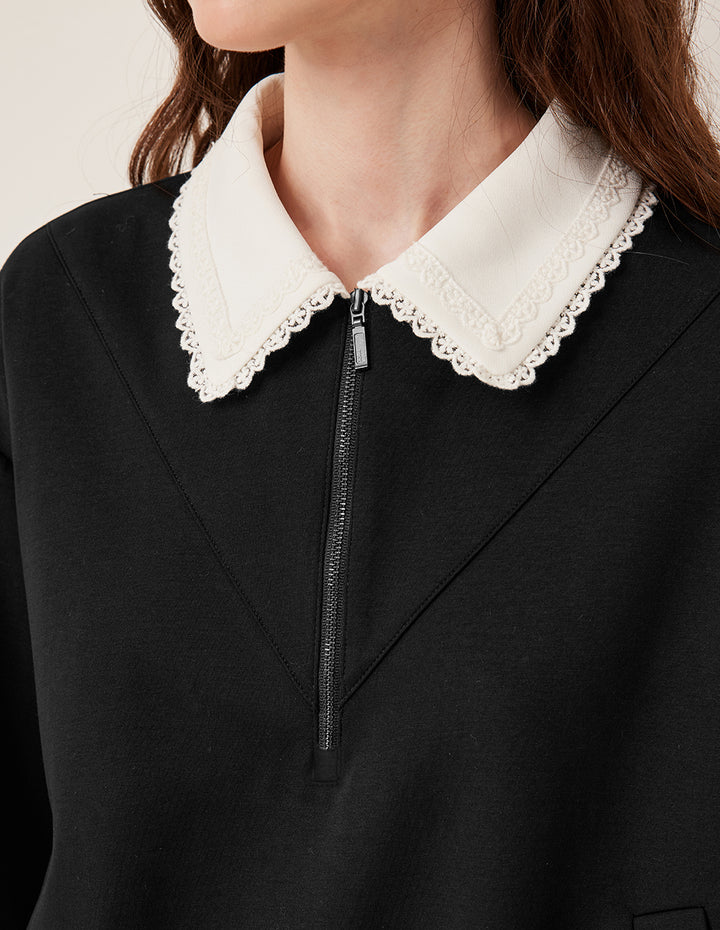 BORA AKSU Notched Collar Zip-Up Hooded Ribbed Sweatshirt