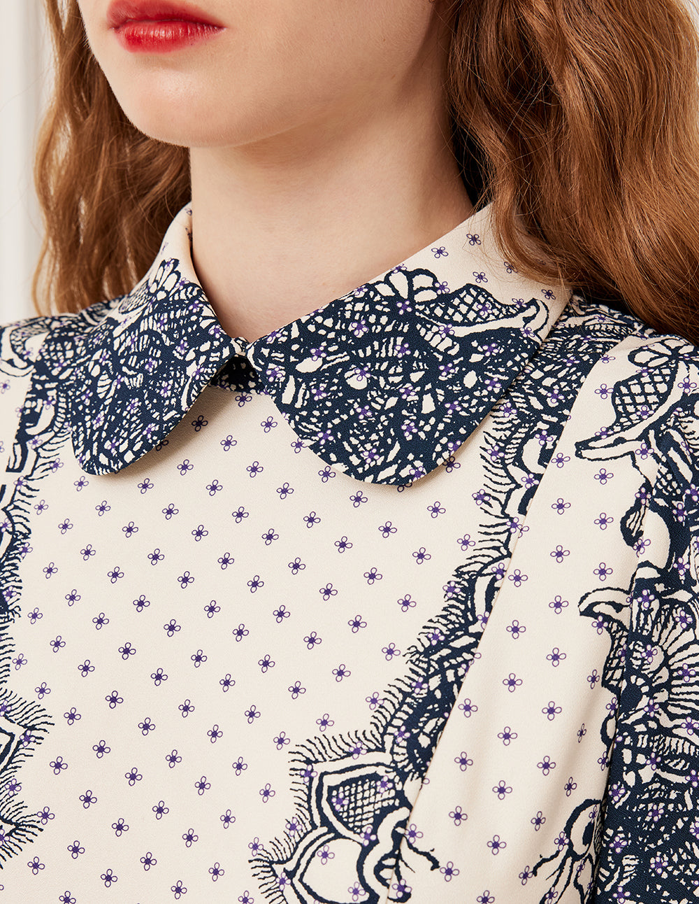 BORA AKSU Lapel Puff Long Sleeve Polka Dot Floral Lace Print Pleated Midi Dress