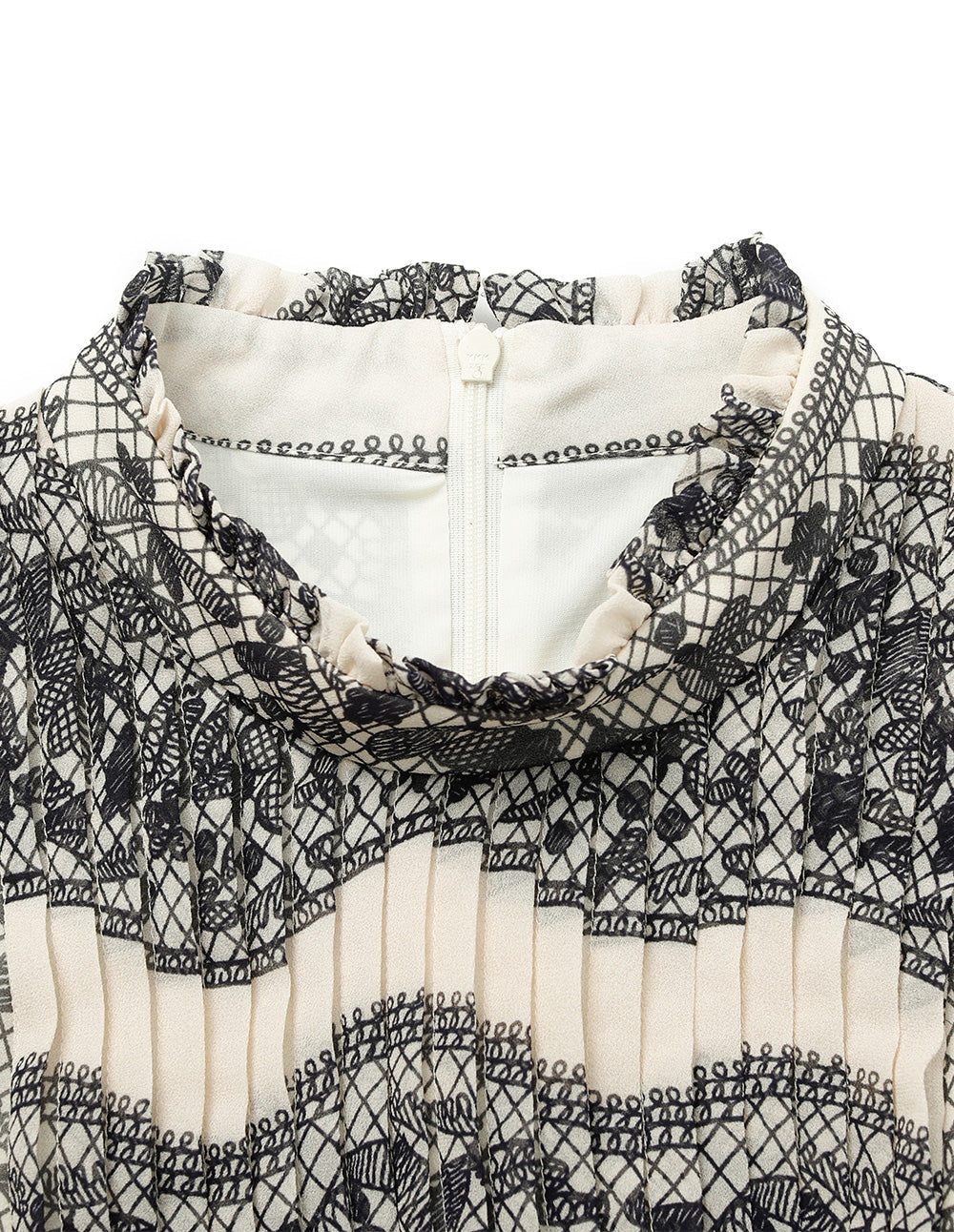 BORA AKSU Ruffle Stand Collar Pin-Tuck Lace-Floral Embroidery Print Puff Long-Sleeve Empire-Waist Pleated Midi Dress