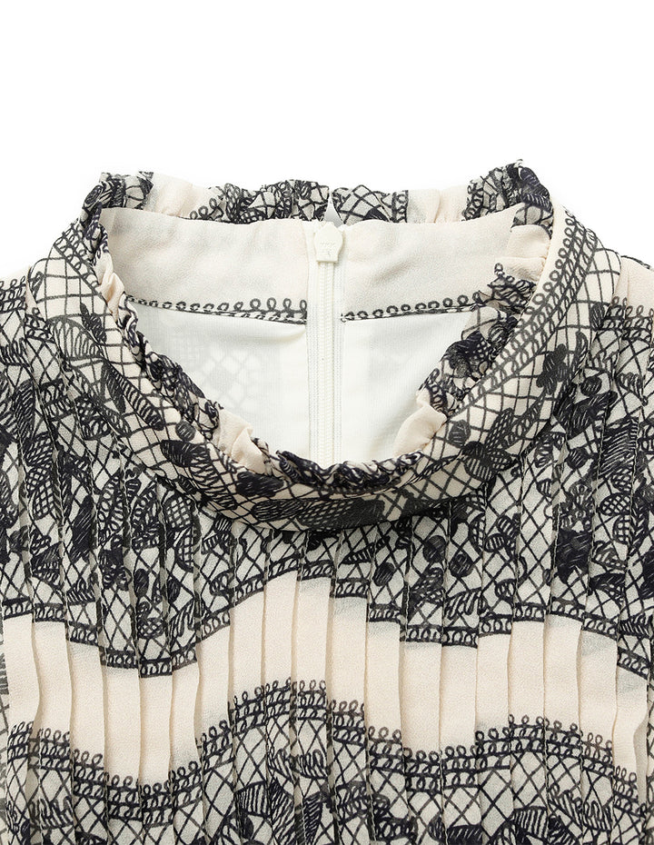 BORA AKSU Ruffle Stand Collar Pin-Tuck Lace-Floral Embroidery Print Puff Long-Sleeve Empire-Waist Pleated Midi Dress