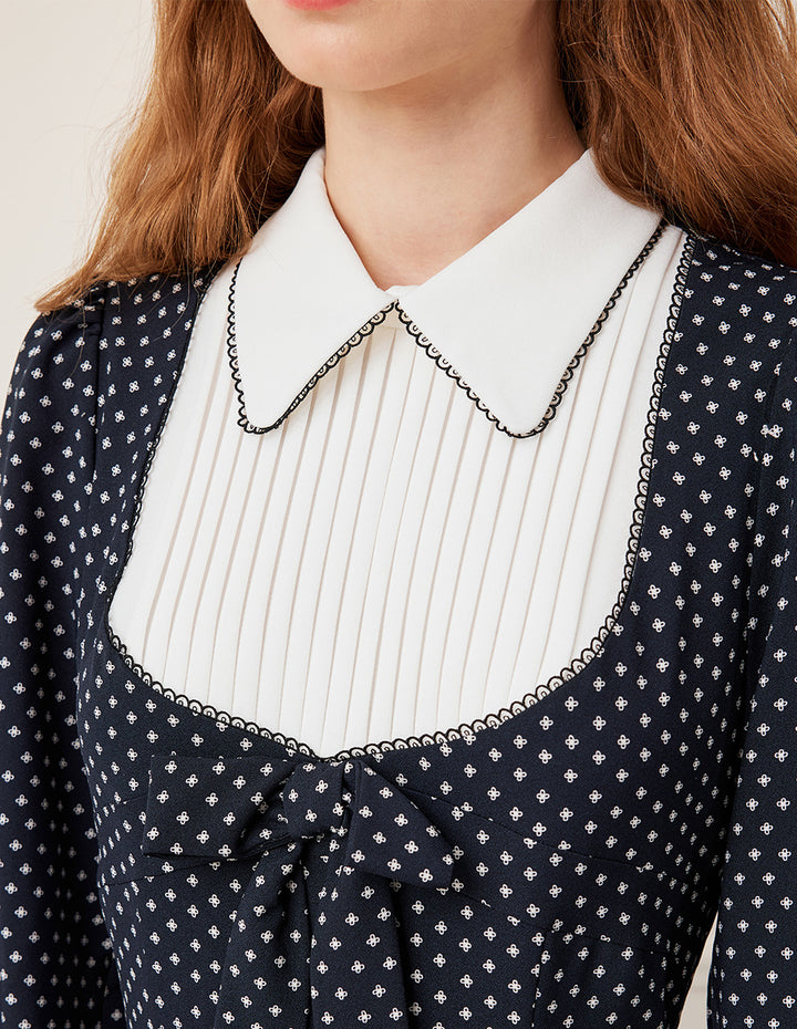 BORA AKSU Peter Pan Collar Pin-Tuck Puff Sleeve Lace Trim White Polka Dot Dress