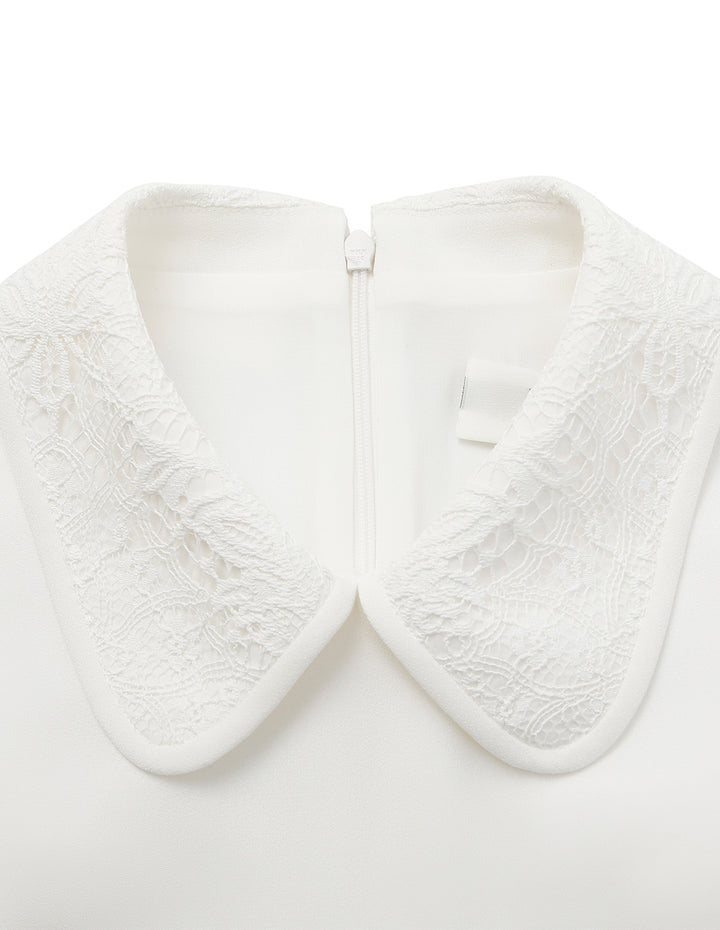 BORA AKSU Peter Pan Collar Puff Sleeve Waist-Tie Pleated Midi White Dress