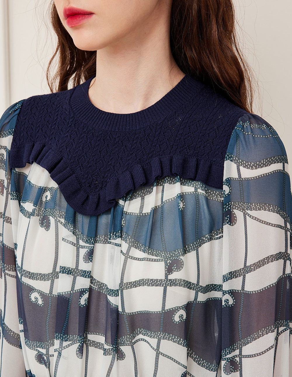 BORA AKSU Knitted Round Neck Patchwork Blue Ocean Print Long Sleeve Cropped Top