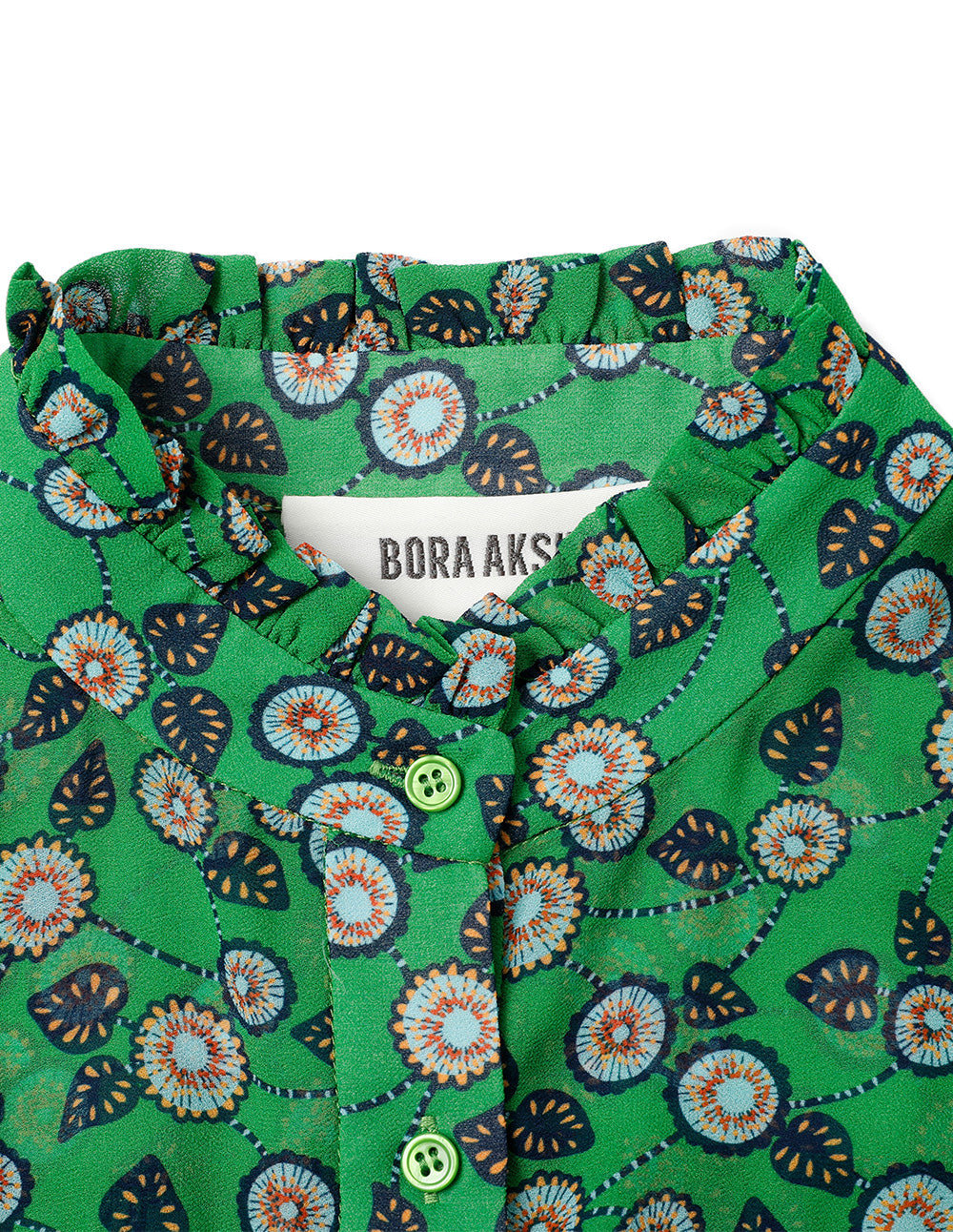 BORA AKSU French Stand-Up Collar Puff Sleeves Ruffled Green Printed Blouse