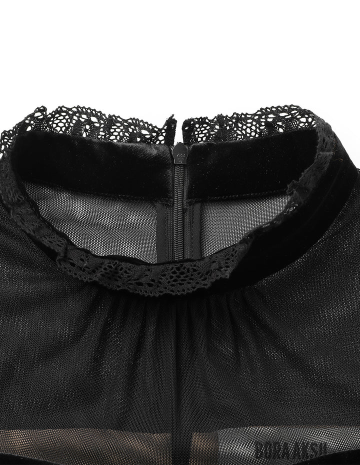 BORA AKSU Retro Lace Stand-Collar Long-Sleeve Mesh Velvet Splicing Knee-Length Dress