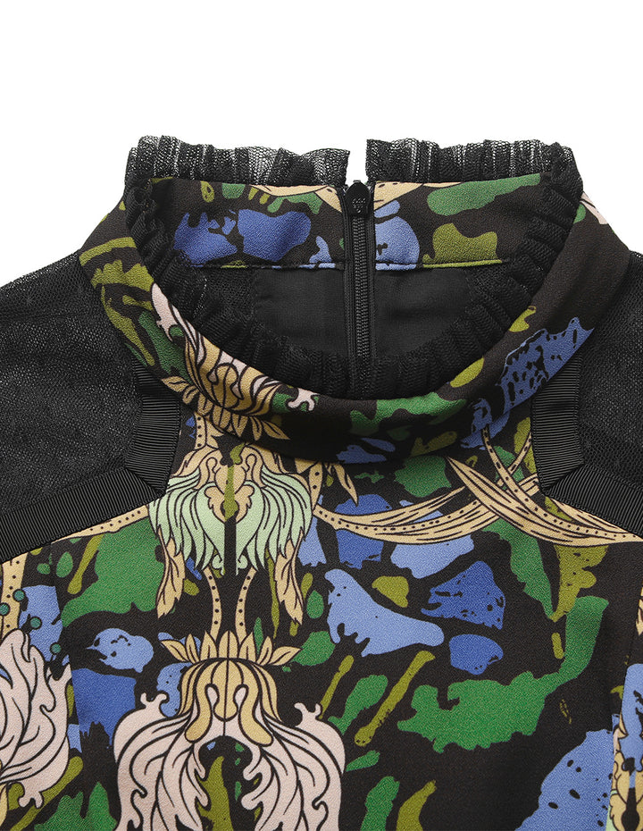 BORA AKSU Vintage High-Collar Mesh Patchwork Printed Pleated Midi Dress