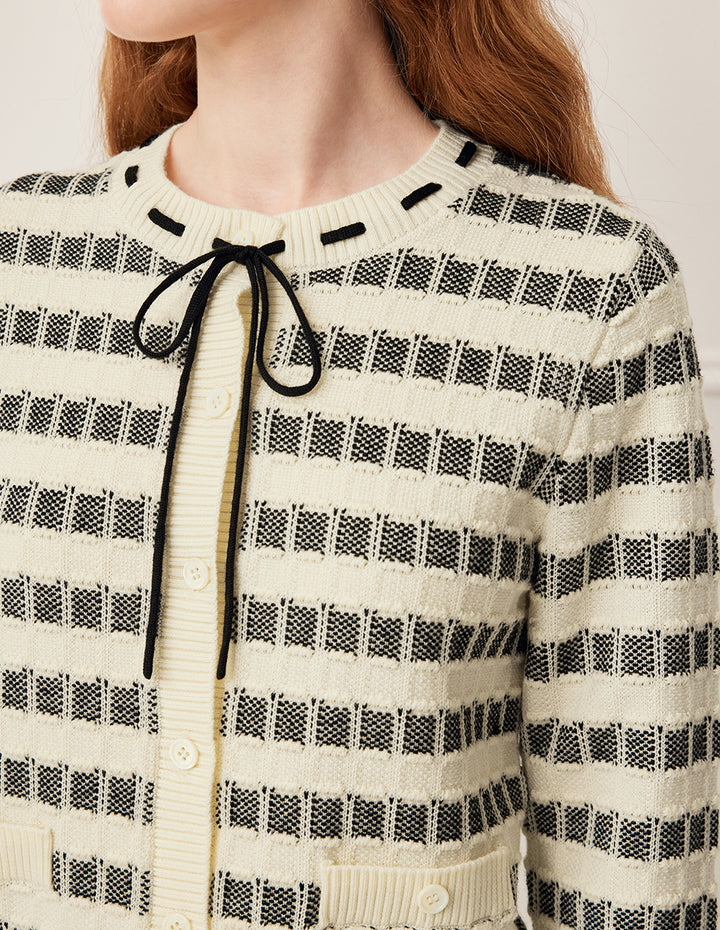 BORA AKSU Round Neck Tie Black & White Check Jacquard Full Wool Cardigan