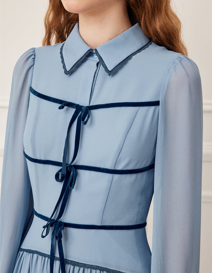 BORA AKSU Collared Bow Bubble Sleeve Pleated Midi Dress