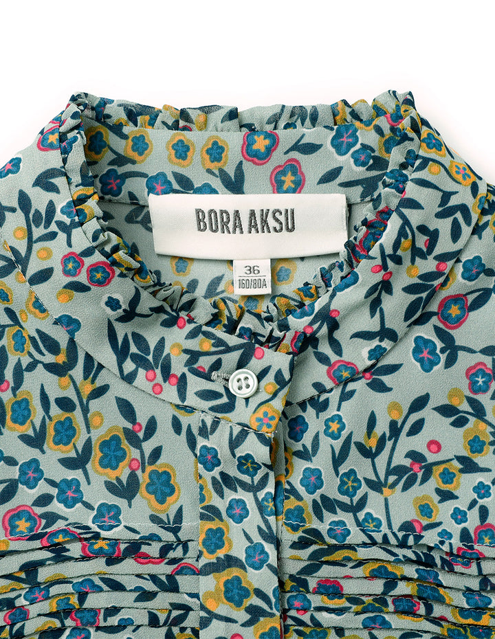 BORA AKSU Ruffle Stand-Collar Long-Sleeve Printed Blouse