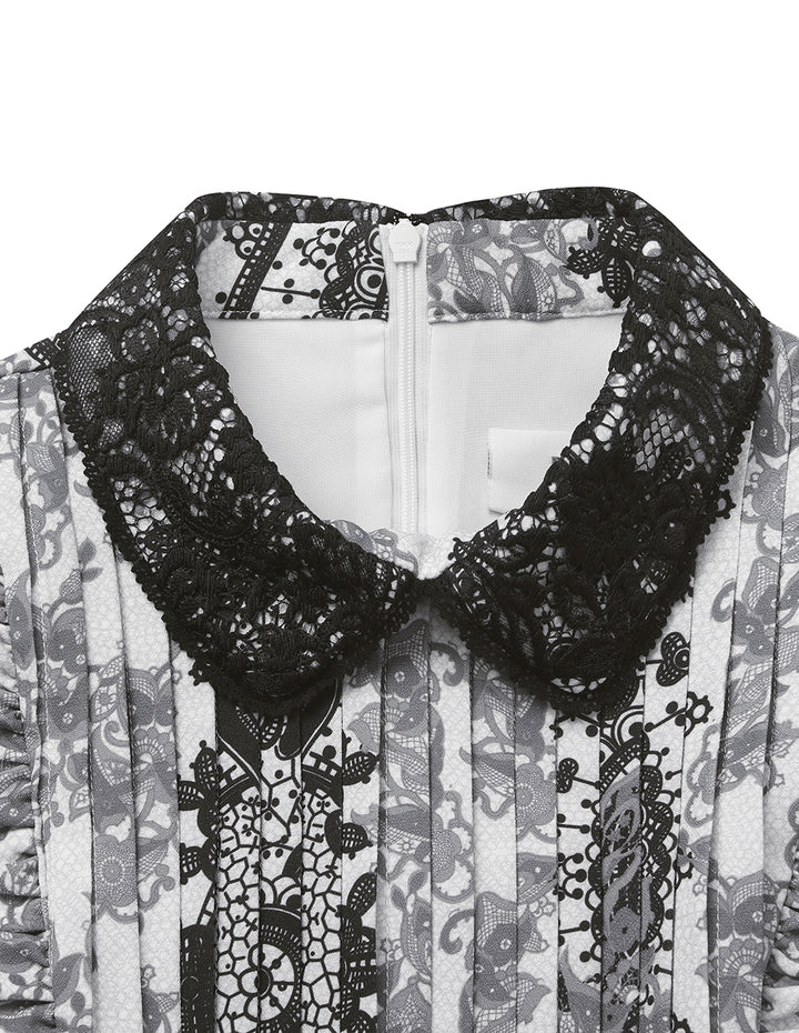 BORA AKSU Peter Pan Collar Puff Sleeve Lace Print Midi Dress