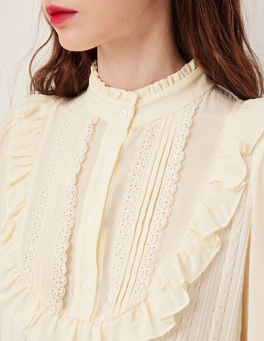 BORA AKSU Ruffled Mandarin Collar Pin-Tuck Wool Blend Knit Top