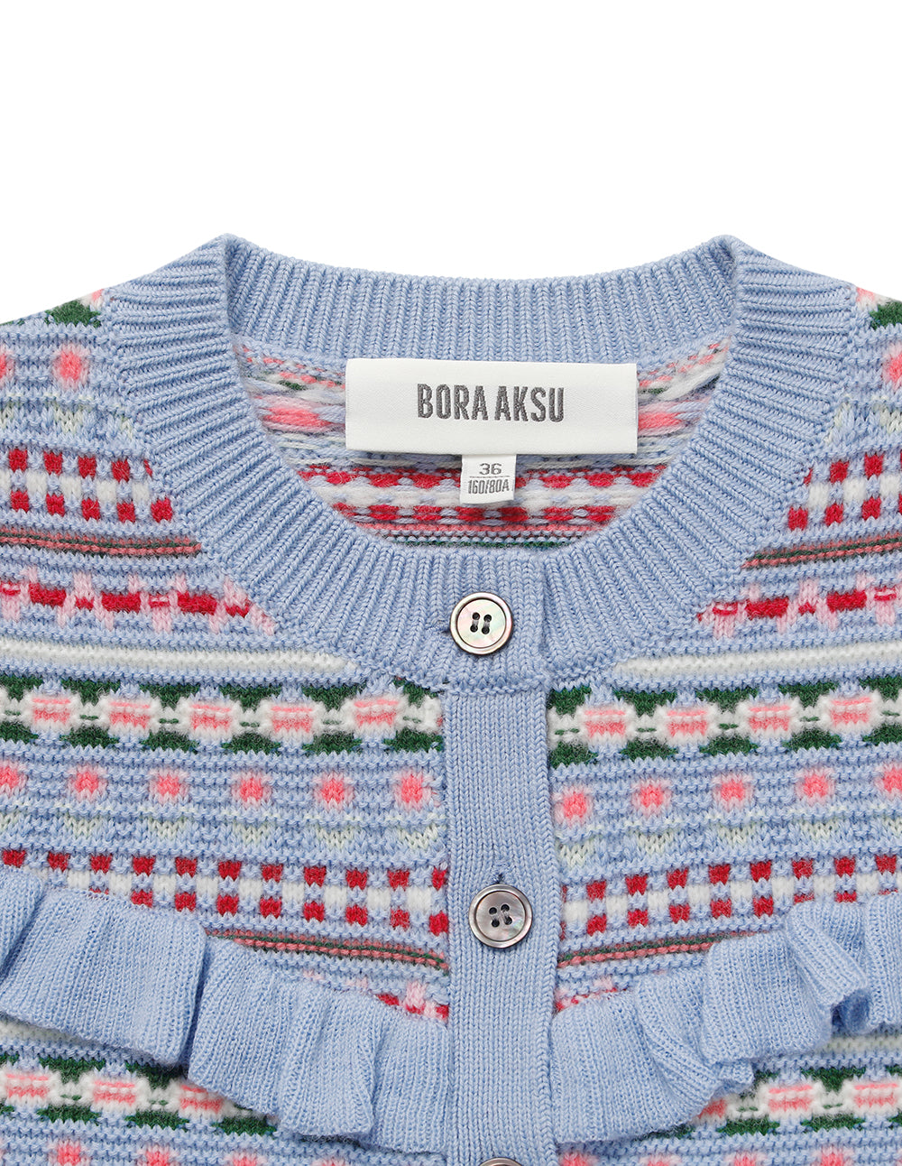 BORA AKSU Fair Isle jacquard crew neck ruffled knitted cardigan