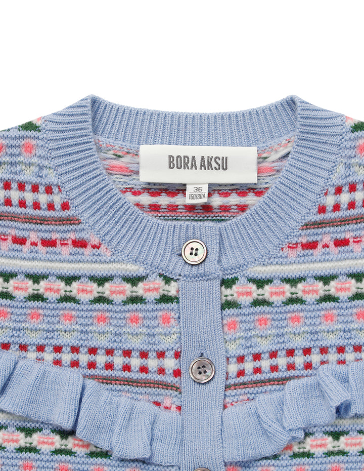 BORA AKSU Fair Isle jacquard crew neck ruffled knitted cardigan