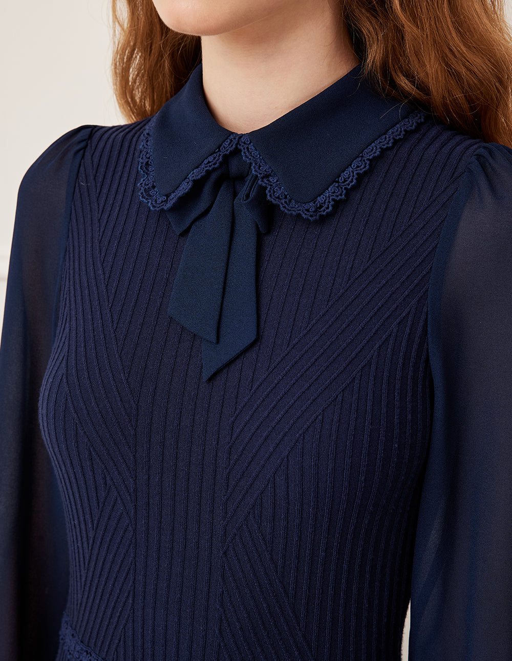 BORA AKSU Collared Patchwork Navy Blue Knit Bubble Sleeve Midi Dress