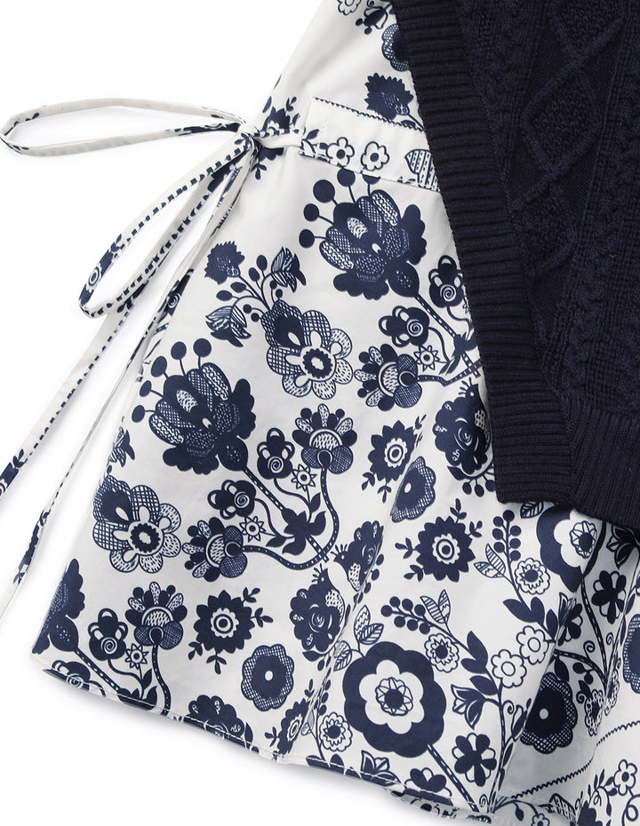 BORA AKSU French Round Collar Knitted Splicing Printed Flower Top