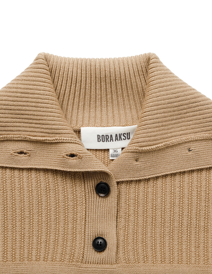 BORA AKSU Turn-Down Collar Wide Drawstring Loose Wool Knitted Pullover
