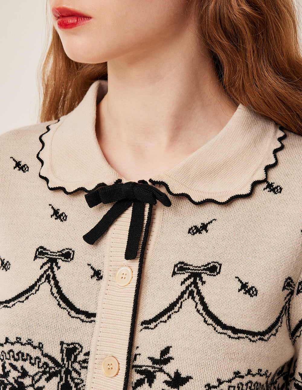 BORA AKSU Bow Tie Lapel Black Floral Pattern Long Sleeve Wool Cardigan