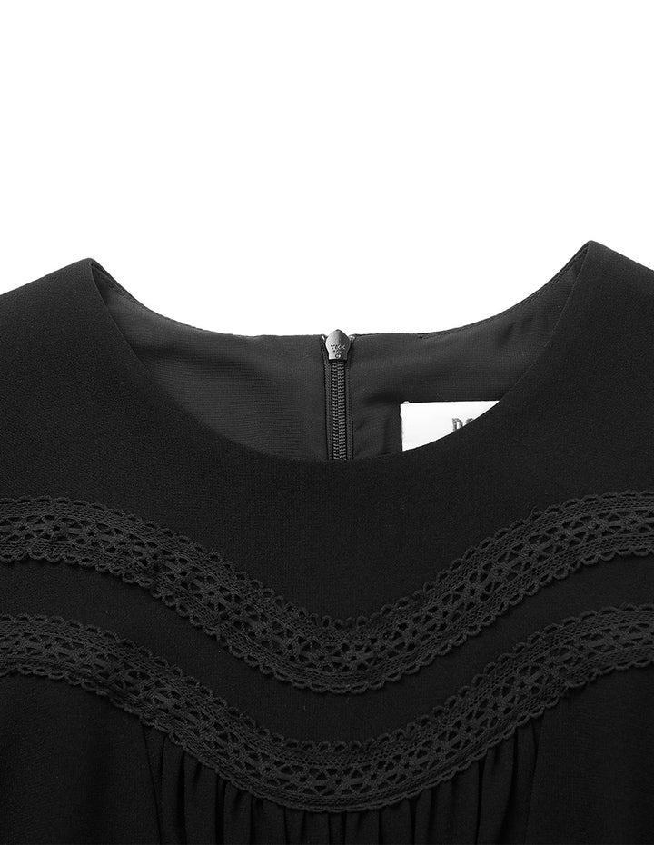 BORA AKSU Round-Neck Puff Short-Sleeve Pin-Tuck Lace-Trimmed Empire-Waist Pleated Midi Dress