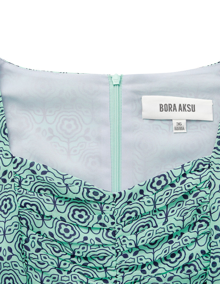 BORA AKSU Diamond Collar Puff Short-Sleeve Empired Print Midi Dress