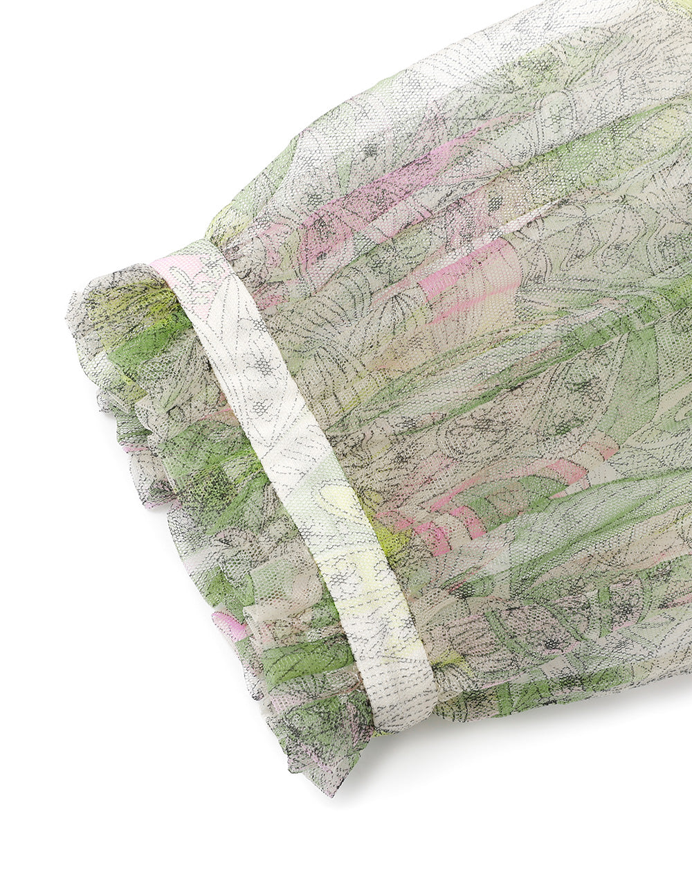 BORA AKSU Puff Sleeve Crossover Collar Printed Mesh Top