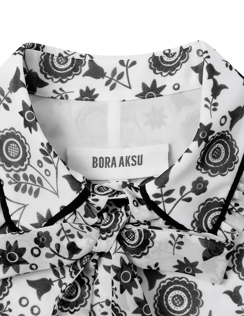 BORA AKSU Retro Lapel Puff Sleeve Printed Belt Dress