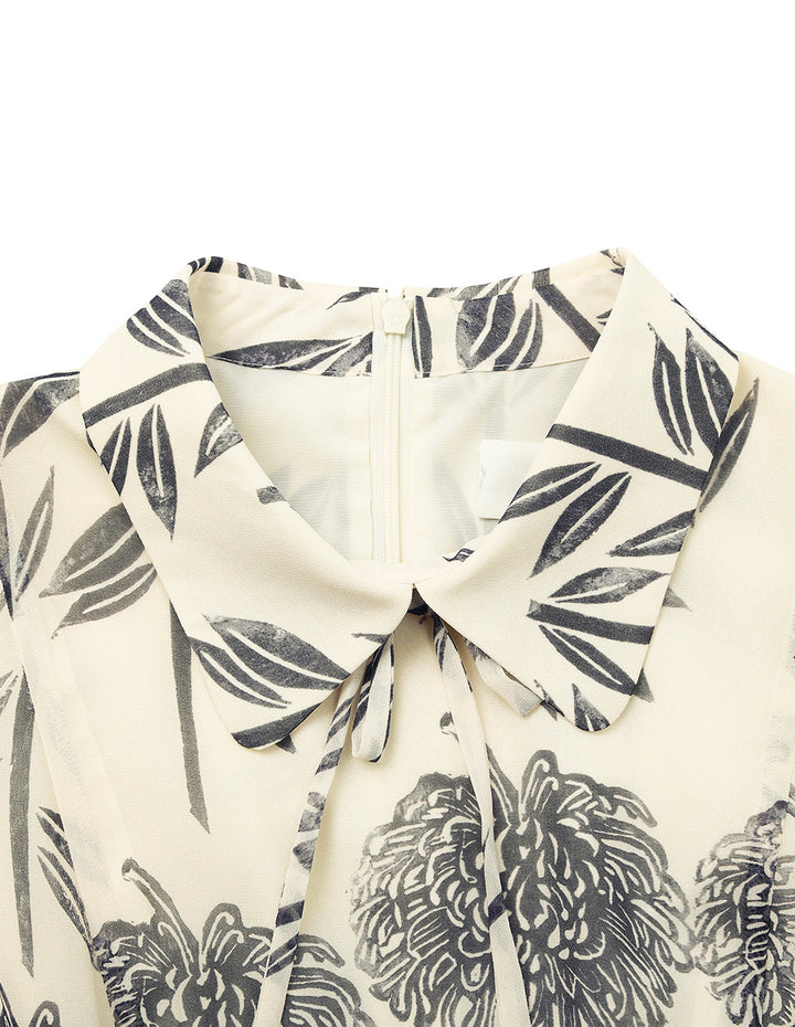 BORA AKSU Collar Sheer Dahlia Print Pleated Flounce Midi Shirt Dress