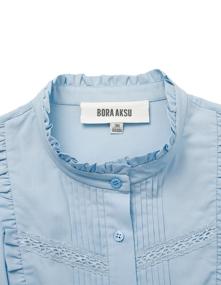 BORA AKSU Ruffled Stand-Collar Pin Tuck Puff Short-Sleeved Pleated Midi Dress