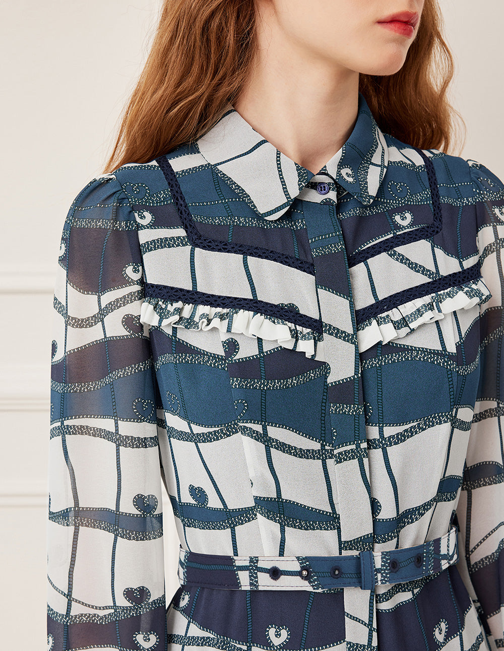 BORA AKSU Long Sleeve Blue Ocean Print Pleated Midi Dress