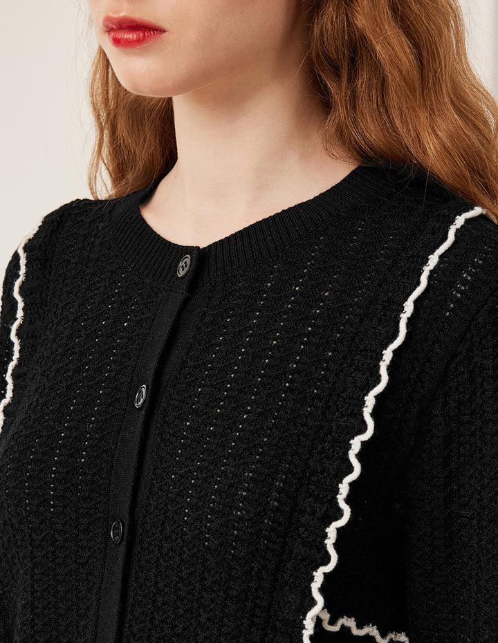 BORA AKSU Round Neck Long Sleeve Openwork White Stripes Knit Cardigan