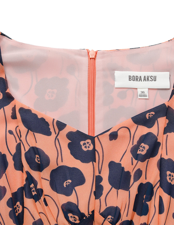 BORA AKSU Diamond Collar Short Bubble Sleeve Empire Red Floral Printed Midi Dress