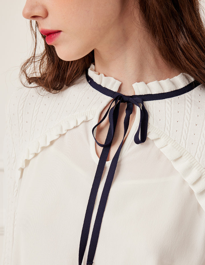 BORA AKSU Knitted Ruffled Round Neck Long Sleeve Patchwork Silk Blouse