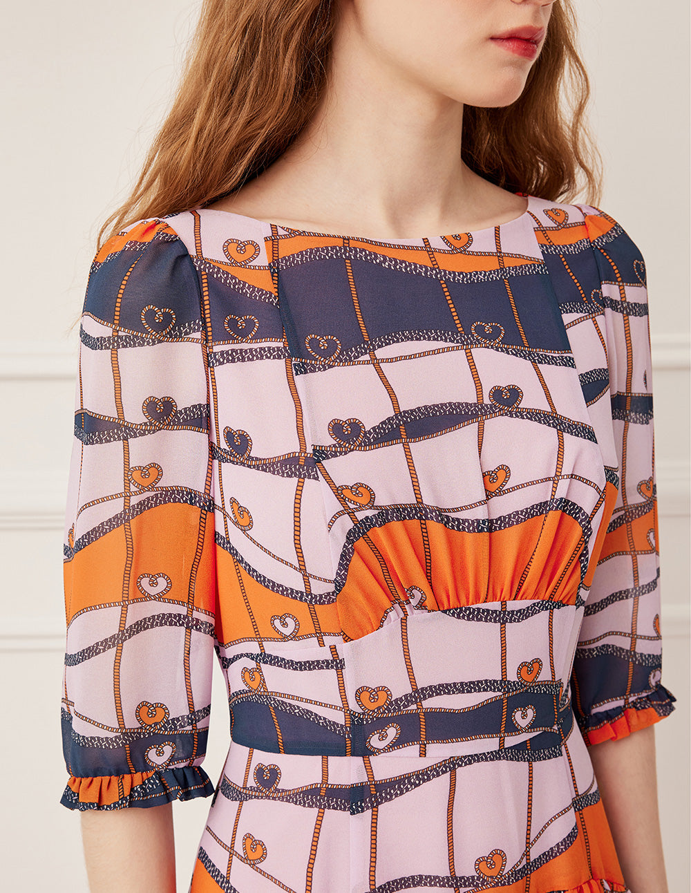 BORA AKSU Crew Neck Ruffle Print Pleated Midi Dress