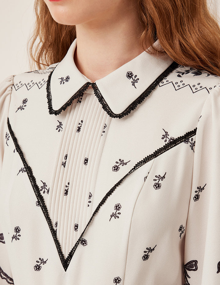 BORA AKSU Pin-Tuck Floral Print A-Line Ruffle-Trimmed Midi Shirt Dress