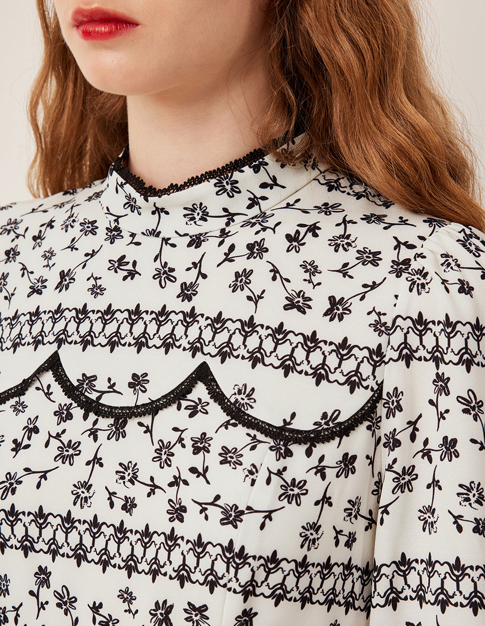 BORA AKSU Turtleneck Collar Lace-Ruffle-Trim Floral Pleated Midi Dress