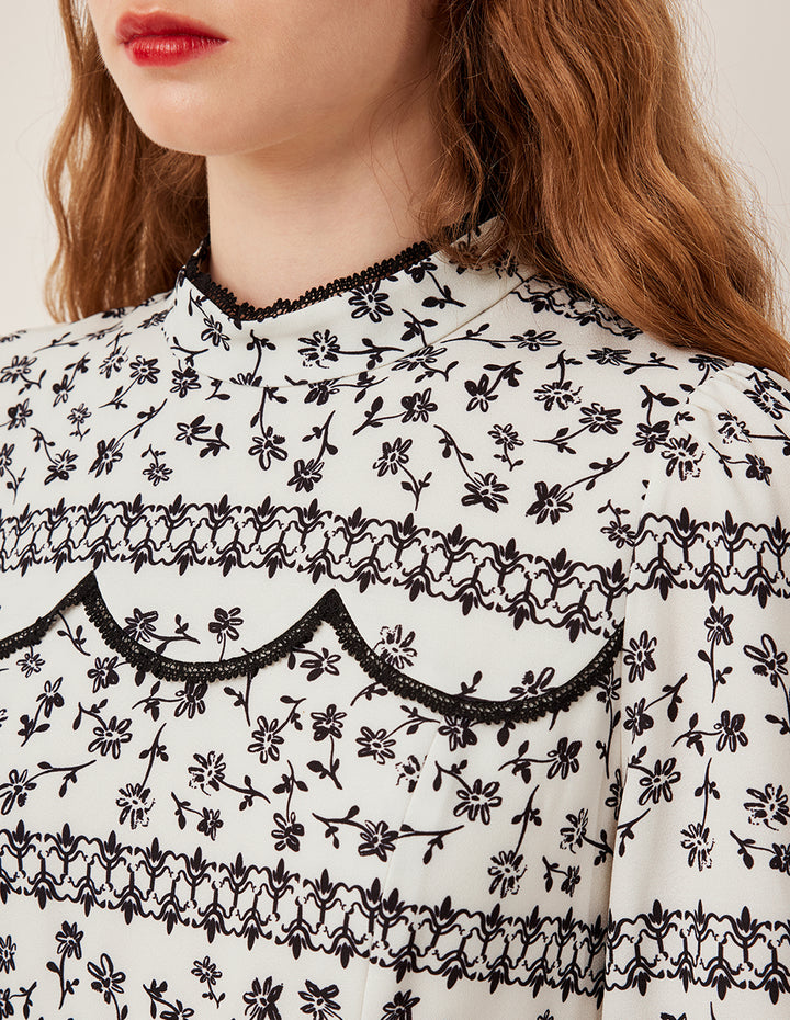 BORA AKSU Turtleneck Collar Lace-Ruffle-Trim Floral Pleated Midi Dress