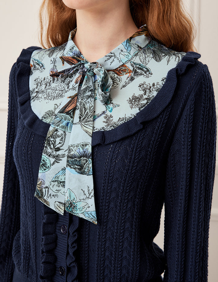 BORA AKSU Ruffled Trim Knit Top Patchwork Print Sash Tie Knitted Pullover