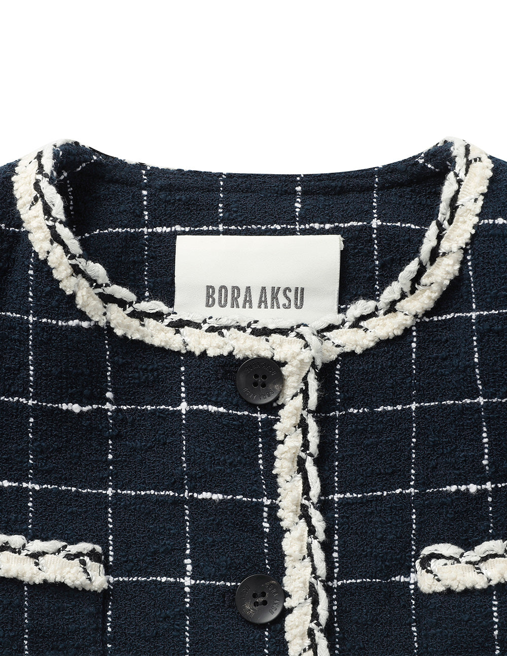 BORA AKSU Crew-Neck Long-Sleeve Stripe-Checkbox Trim Cropped Jacket
