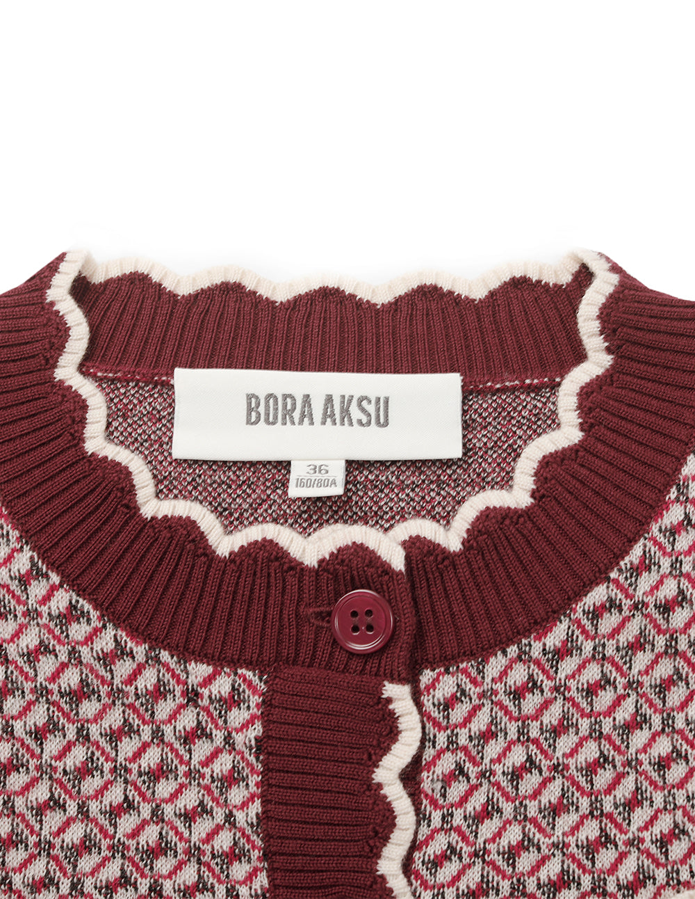 BORA AKSU Round Neck Ruffled-Trim Geometric Print Full Wool Knit Cardigan