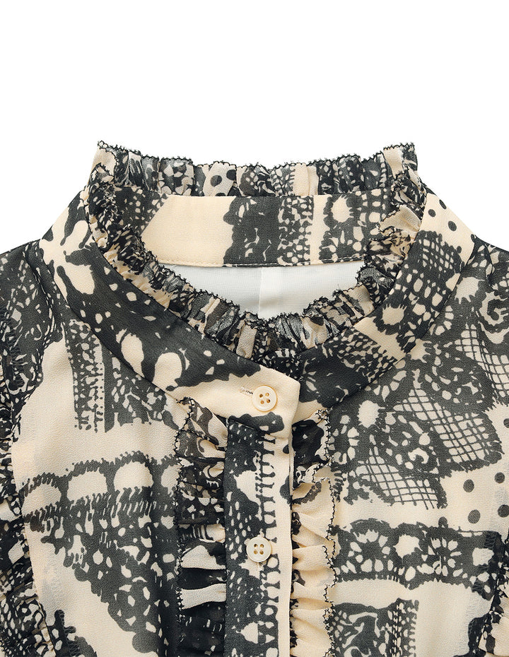 BORA AKSU Bubble Sleeve Mandarin Collar Printed Pleated Midi Dress