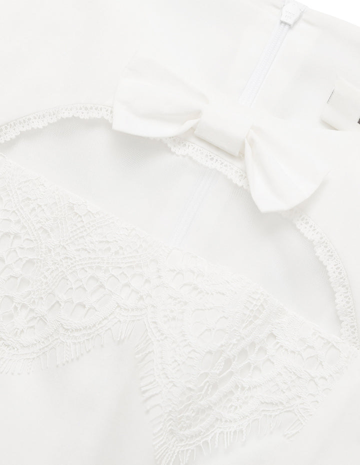 BORA AKSU Round Neck Puff Short-Sleeve Hollow Lace Trim Pleated Midi Dress