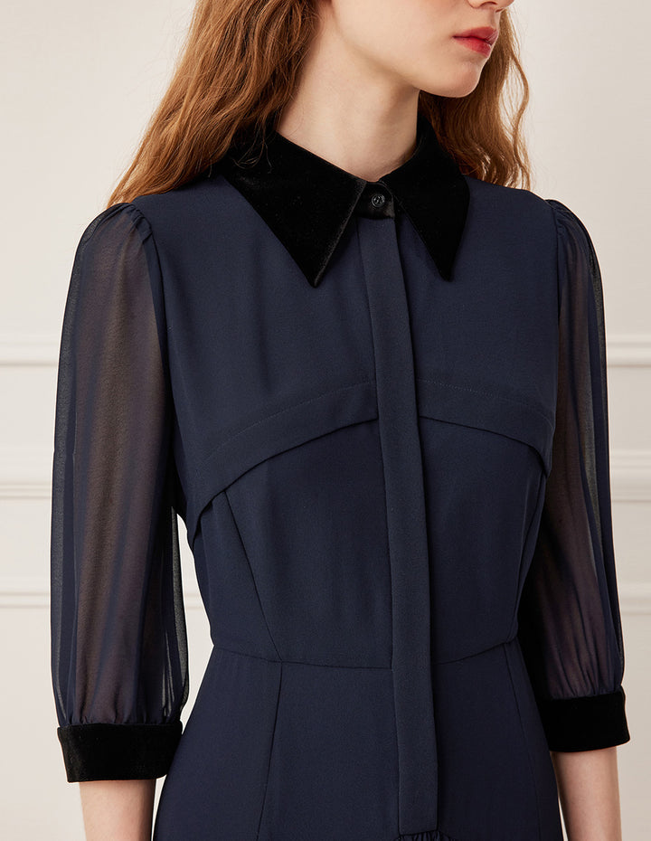 BORA AKSU Luxurious Velvet Collar Sheer Long Sleeve Multi-Layer Ruffle Midi Dress
