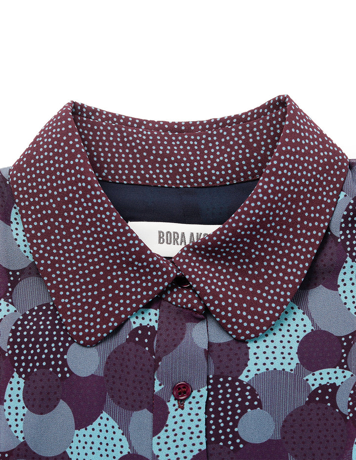 BORA AKSU Lapel Ruffle Trim Polka Dots Puff Short Sleeve Pleated Midi Shirt Dress