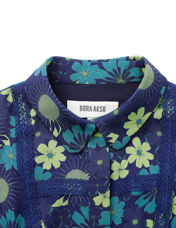 BORA AKSU Lapel Puff Short-Sleeve Floral Print Lace-Trim Pleated Midi Dress