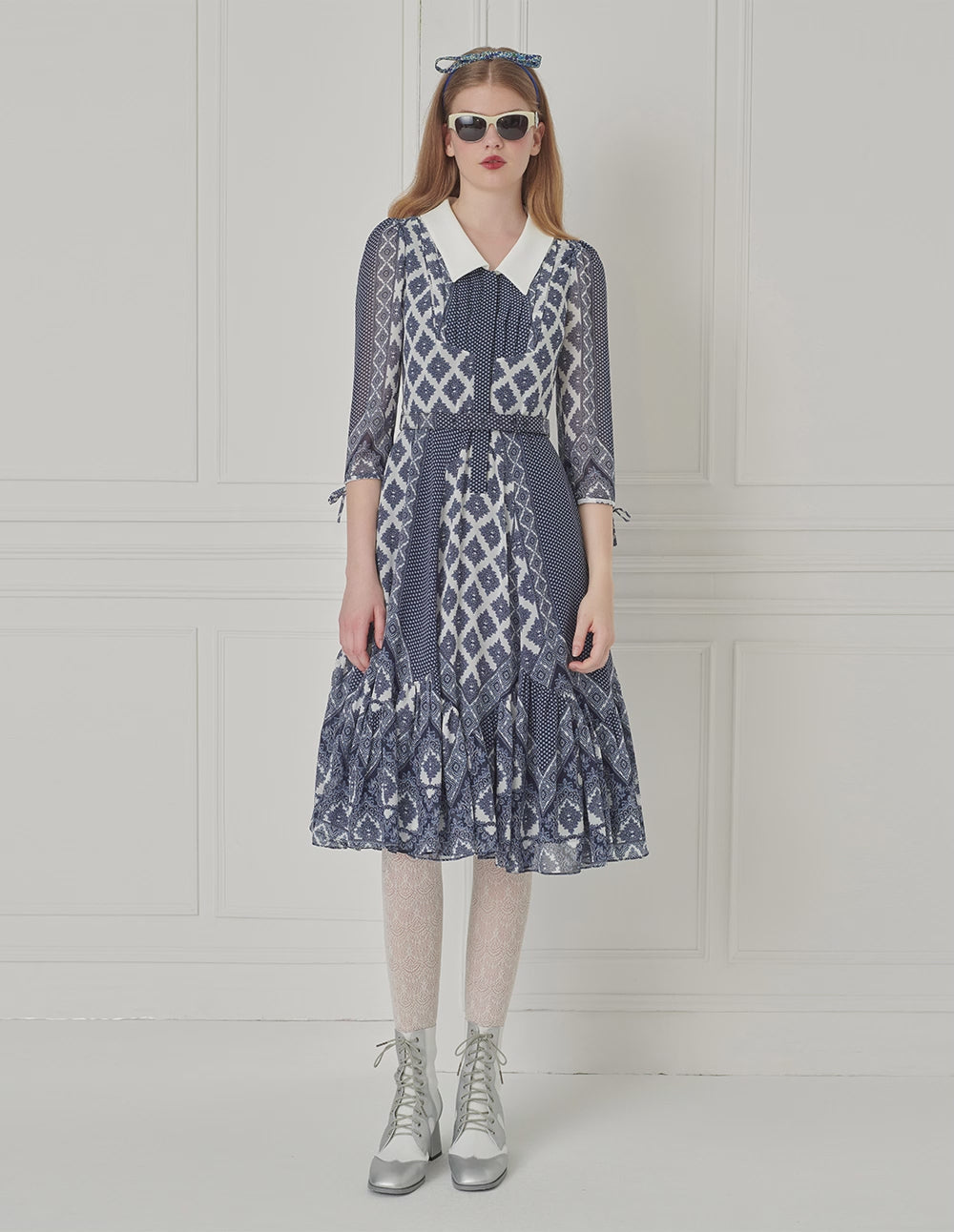 BORA AKSU French Retro Puff Sleeve Ruffle Print Dress
