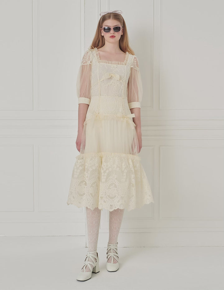 BORA AKSU Palace Style Lace Mesh Patchwork Pleated Dress