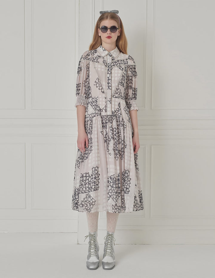 BORA AKSU French Shirt-Style Puff-Sleeve Pleated Printed Dress