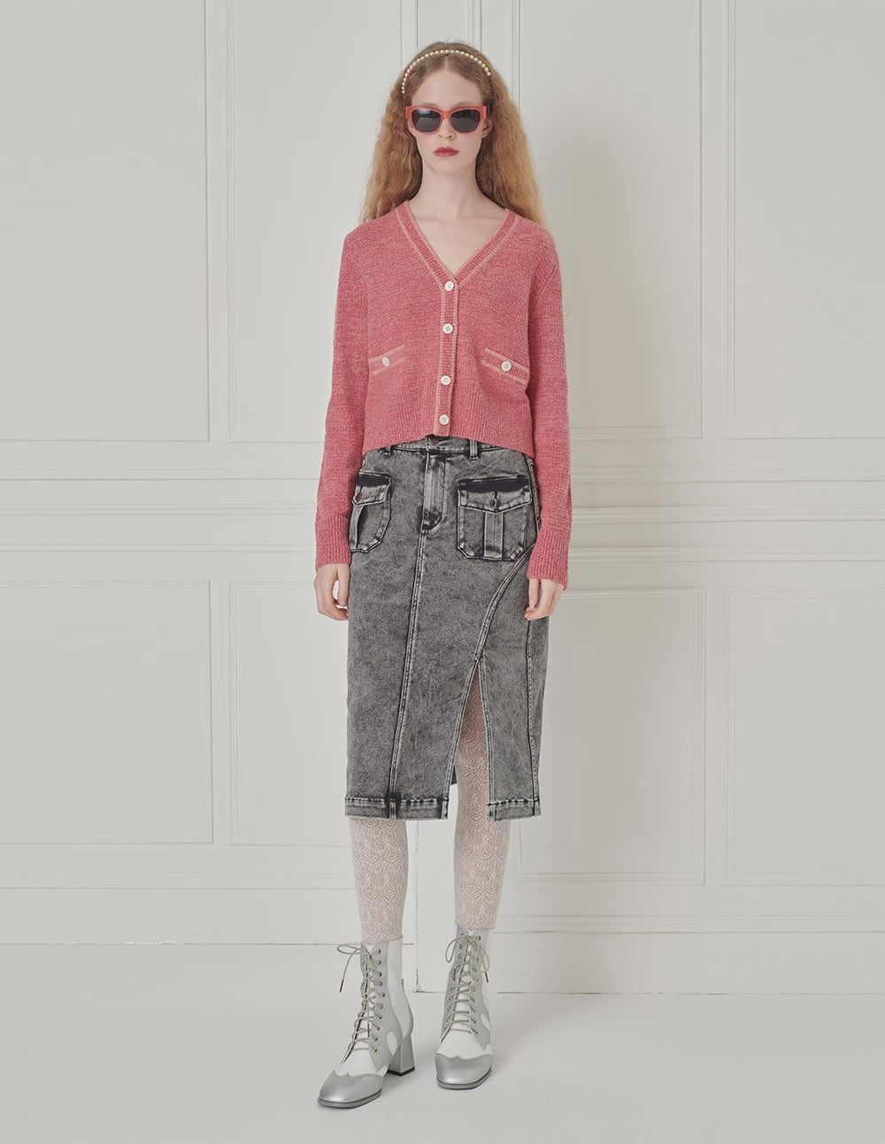 BORA AKSU Two-Color Mixed Knitted Small Fragrance V-Neck Knitted Cardigan