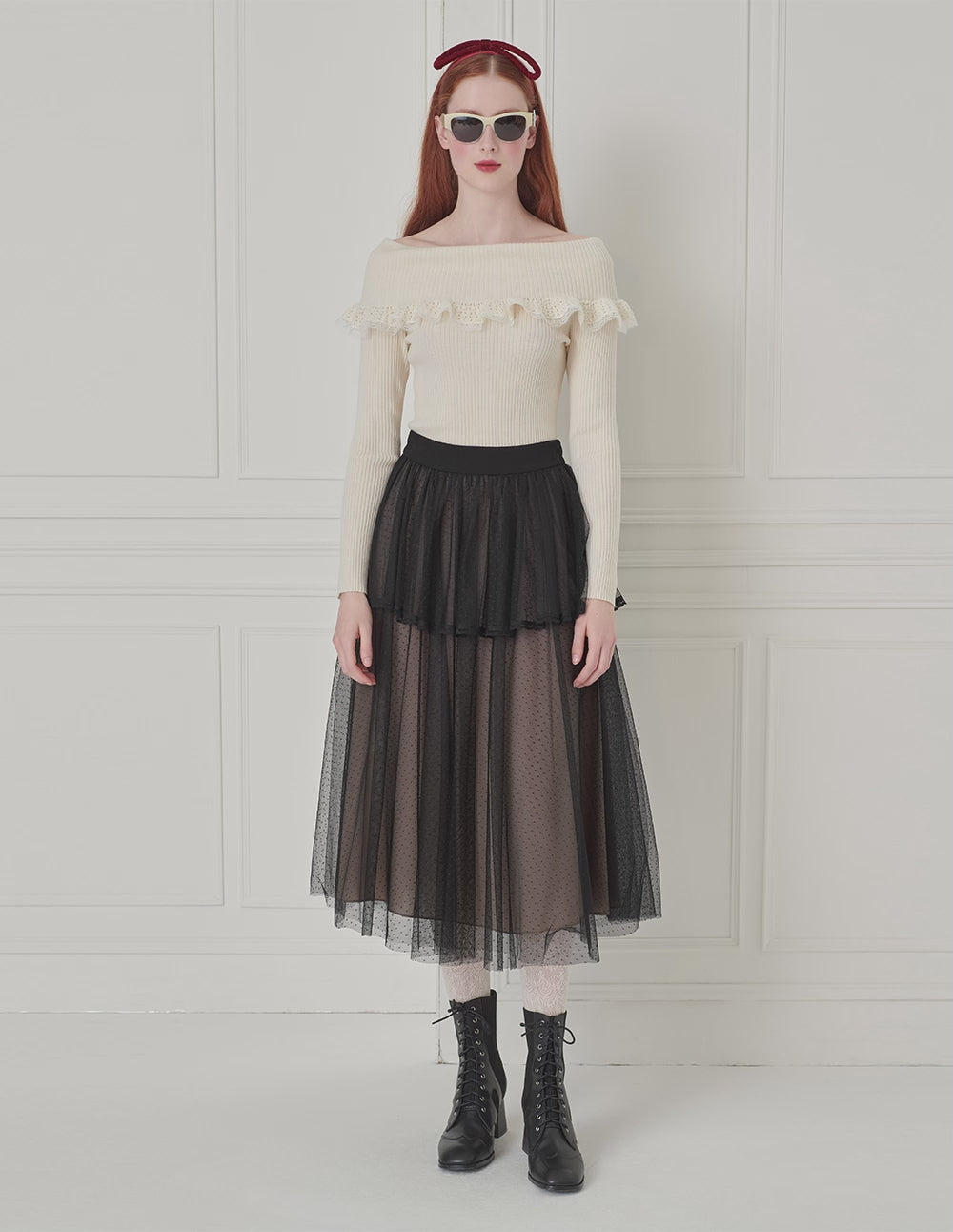 BORA AKSU Polka Dot Mesh Overlay Pleated Midi Skirt